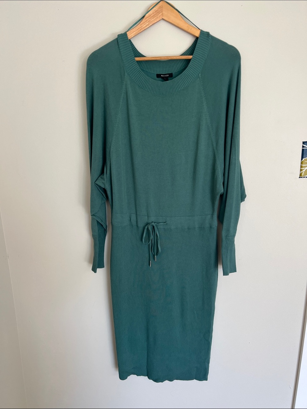 RW&CO. Teal Long-Sleeve Drawstring Knit Midi Dress